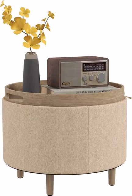 Pouf Rotondo Poggiapiedi Contenitore con Vassoio Reversibile Sgabello 3 in 1 in Tessuto Bouclé Beige e Gambe in Legno per Soggiorno Casa