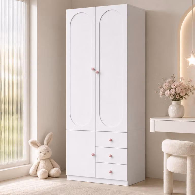 Armadio per bambini MODFU, 80x50x200 cm, mobile contenitore con 2 ante e 3 cassetti, mobile alto con ripiani regolabili in altezza, bianco e rosa (set da 1 pezzo)