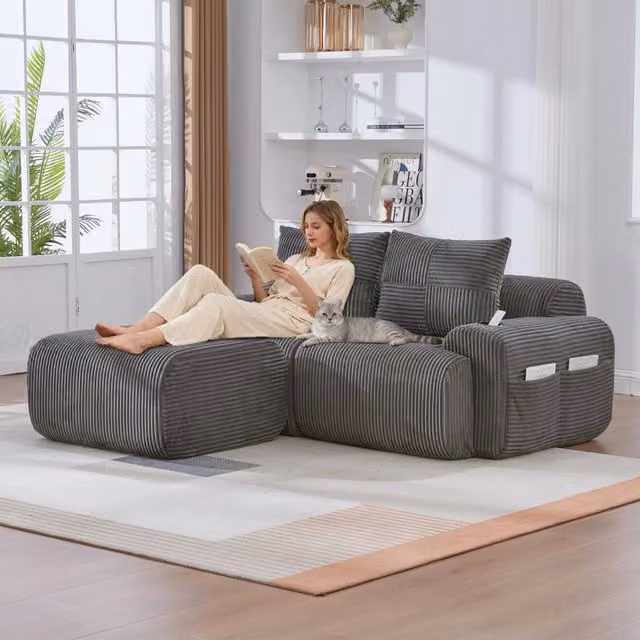 Divano modulare 2 posti in tessuto a coste con portabicchieri e tasca laterale grigio scuro 200 × 174 × 80 cm