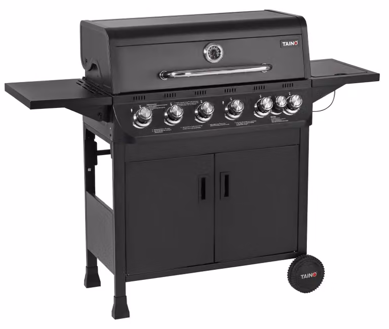 Barbecue a gas - Carrello con 6 bruciatori - Bruciatore laterale - Acciaio inossidabile - Termometro integrato - Griglia 77 x 34 cm - Per terrazzo e giardino