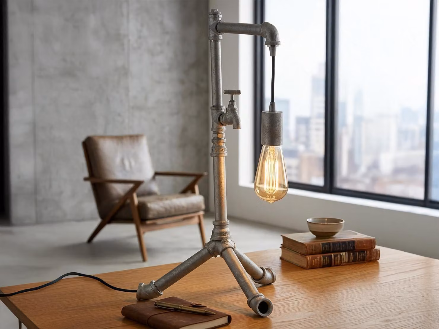 Lampada da tavolo grande AMARCORD in stile industriale con finitura a tubi dell'acqua, grigio antico