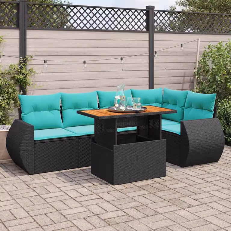 Set Divano da Giardino a L vidaXL 6 pz con Cuscini e Tavolino, Polyrattan e Metallo, Nero/Blu/Turchese