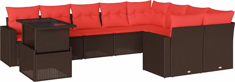 Set Divani da Giardino 10 pz con Cuscini Marrone in Polyrattan