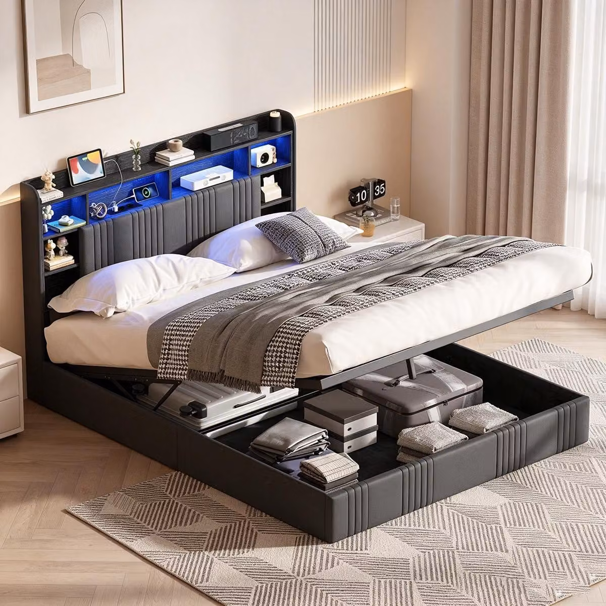 Letto matrimoniale con boxspring, imbottito, 140x200 cm, con LED e porte USB/C, letto idraulico con spazio contenitore, testiera, struttura moderna, tessuto in lino, colore grigio