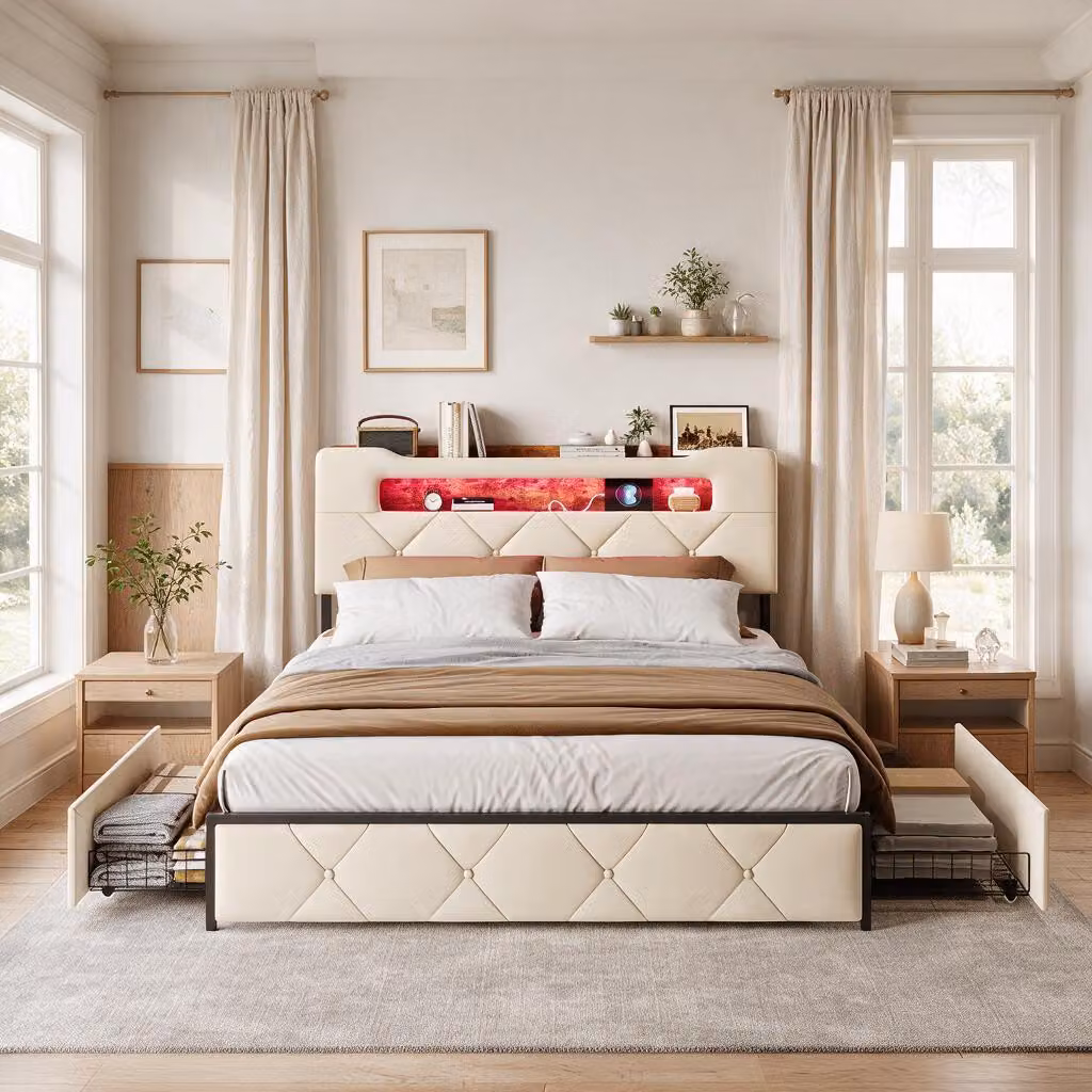 Letto imbottito INONEFT, 140x200 cm, con illuminazione LED e prese USB, 4 cassetti, letto singolo per ragazzi con spazio contenitivo, testiera imbottita, tessuto in flanella, colore beige