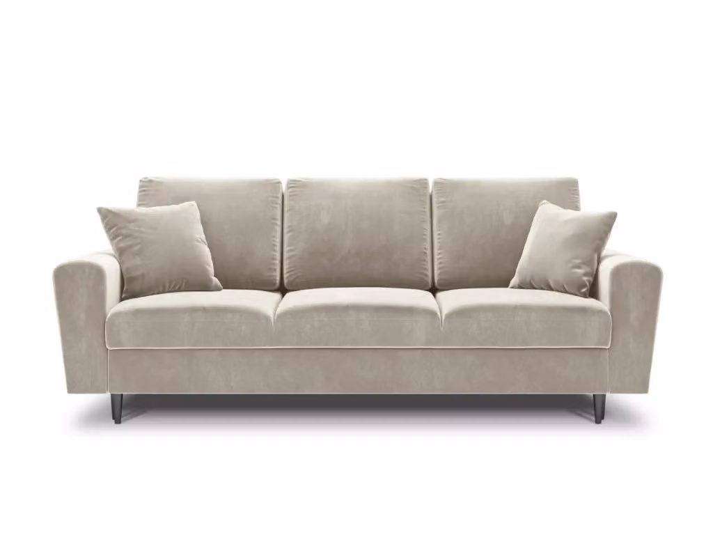 Divano convertibile con contenitore Kyoto di Cosmopolitan Design in velluto beige chiaro, 3 posti con funzione letto e cuscini decorativi inclusi – 2