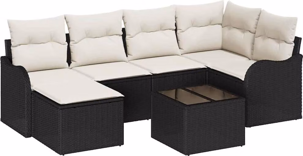 Set Divano da Giardino con cuscino 7 pcs Nero Poly Rattan