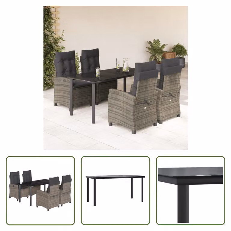 The Living Store Set da pranzo da giardino 5 pezzi con cuscini in poly rattan grigio