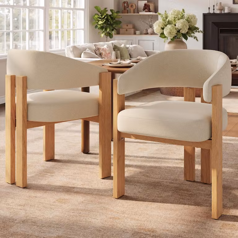 Sedia da pranzo MODFU (2 pezzi) con imbottitura spessa, gambe in ferro robuste e finitura effetto legno; poltrona da salotto con braccioli, finitura naturale