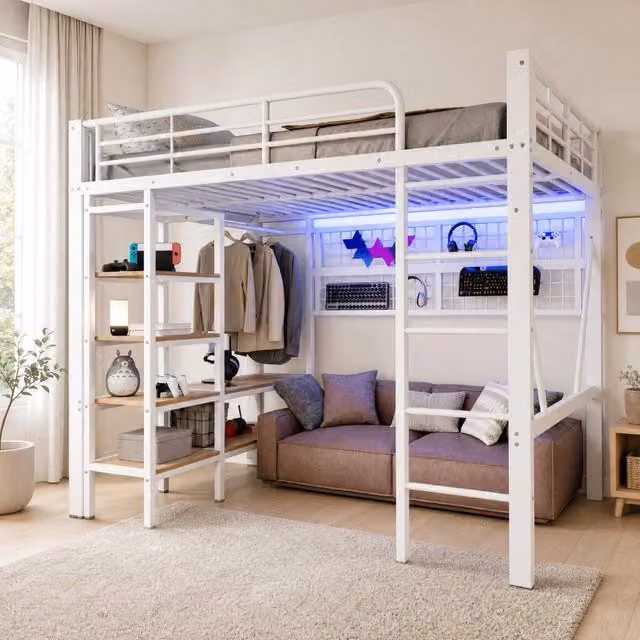 Letto a soppalco 140 x 200 cm in metallo e MDF bianco con LED, ripiano e rete