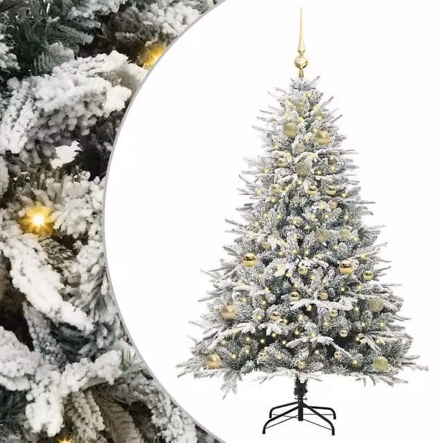Albero di Natale artificiale preilluminato con LED bianco caldo e set di palline vidaXL, verde, Altezza: 150 cm, Diametro: 40 cm