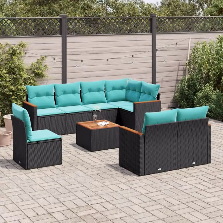 Set Divani da Giardino vidaXL 9 pz in Polyrattan con Cuscini e Tavolino, Design a L con Struttura in Acciaio e Legno di Acacia, Colore Nero, Blu o Turchese
