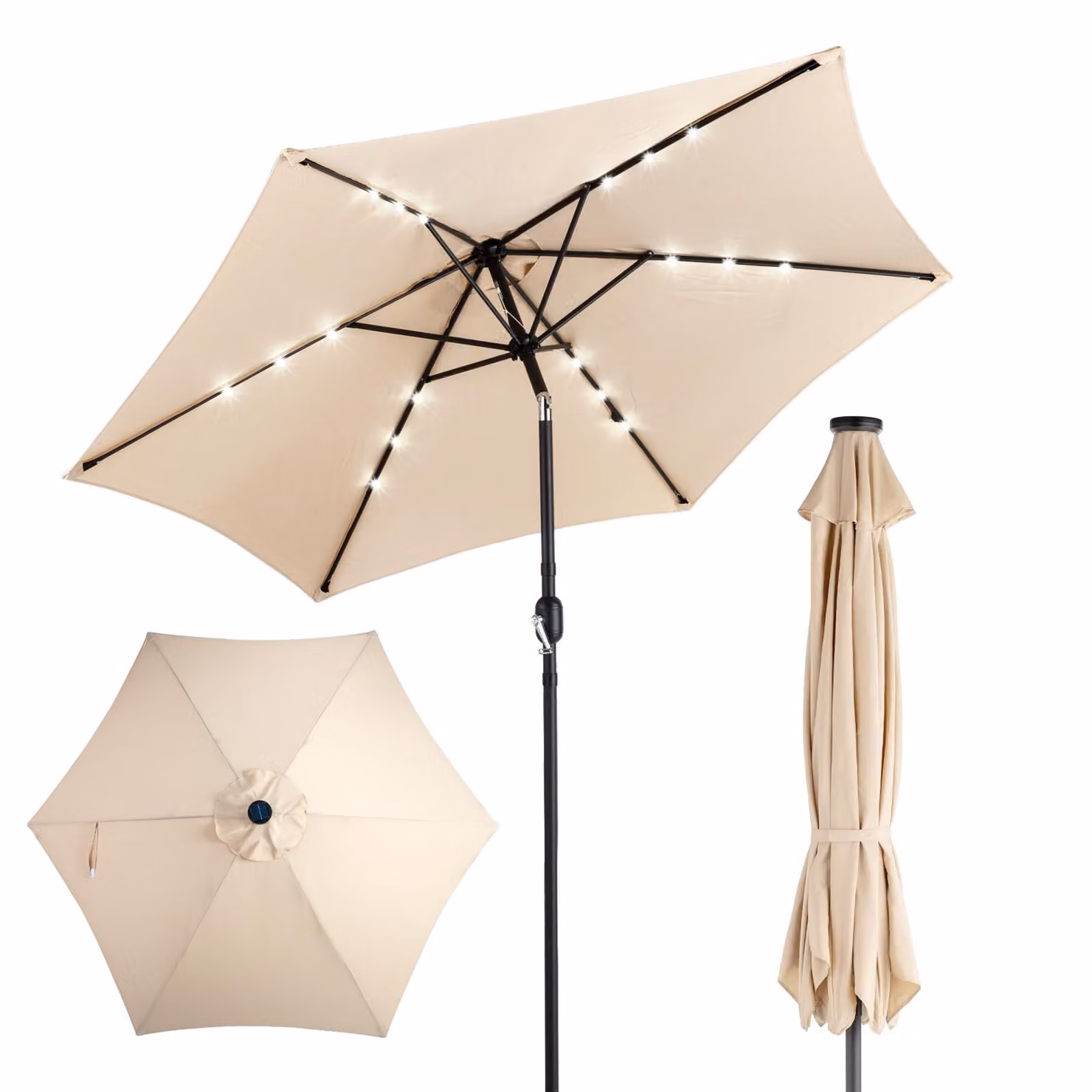 Ombrellone FCH da 266 cm con illuminazione a LED solare, ombrellone da giardino da 9 piedi con manovella e inclinazione regolabile, protezione solare impermeabile con fattore di protezione UPF 50+ per giardino e terrazza, color kaki