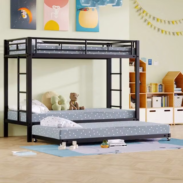 Letto a castello 90 x 200 cm in metallo per bambini con letto estraibile, spondine alte, certificato EN 747, struttura robusta - Nero