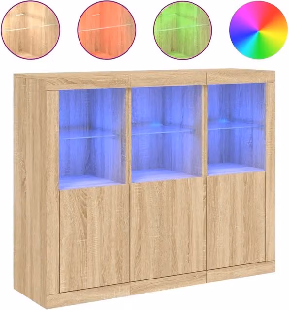 Credenze con Luci LED 3 pz | Madia | Buffet da pranzo | Armadio da pranzo Rovere Sonoma in Legno Multistrato