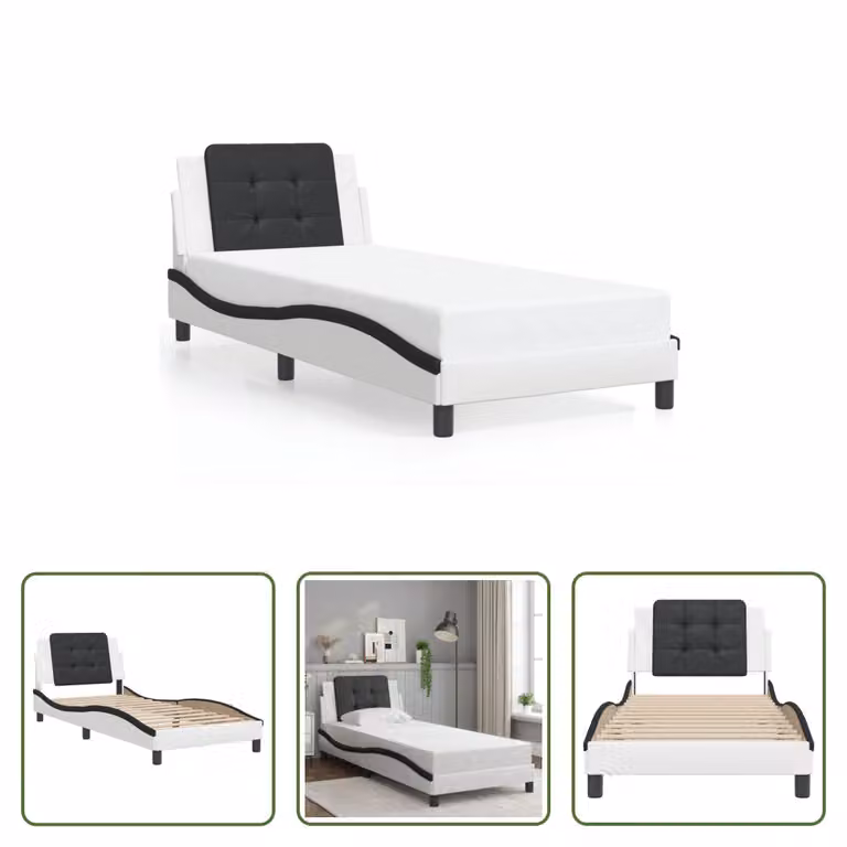 The Living Store Struttura letto con testiera bianca e nera 80x200 cm in ecopelle