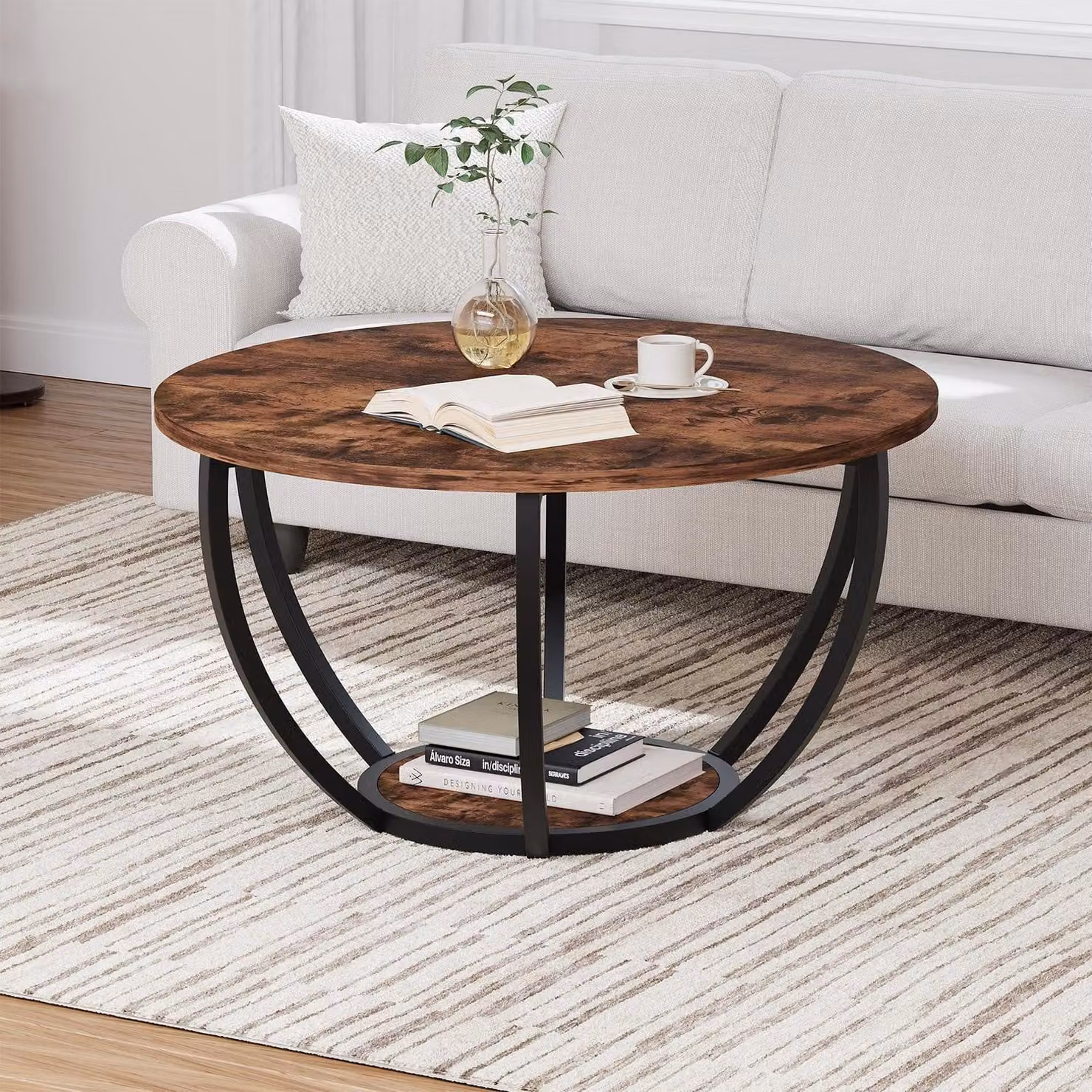 Tavolino da divano rotondo, a 2 livelli, con spazio contenitivo, in stile rustico, color marrone, dimensioni 70x70x45 cm