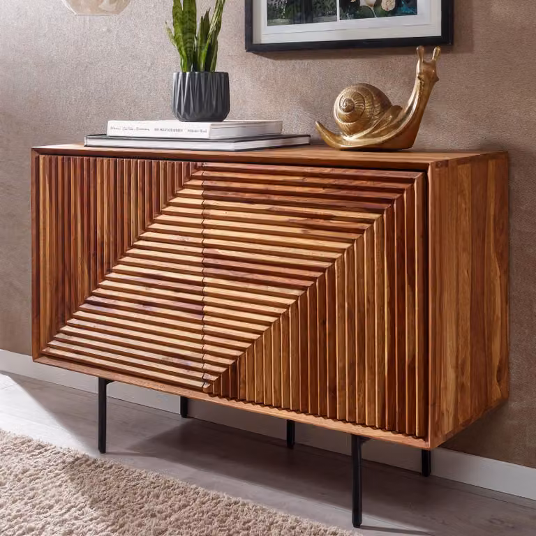 FineBuy Credenza in legno massiccio di Sheesham da 100 cm con 2 ante - Cassettiera in legno massiccio retrò con gambe nere - Credenza di design naturale - Realizzata a mano Industriale