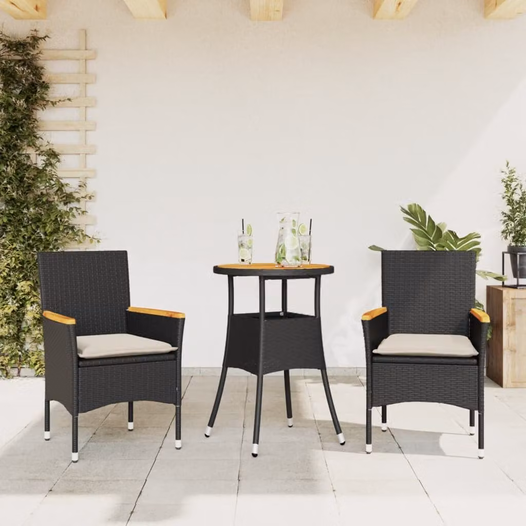 Set Pranzo da Giardino vidaXL in Polyrattan e Legno di Acacia con Cuscini, Nero e Beige – 1