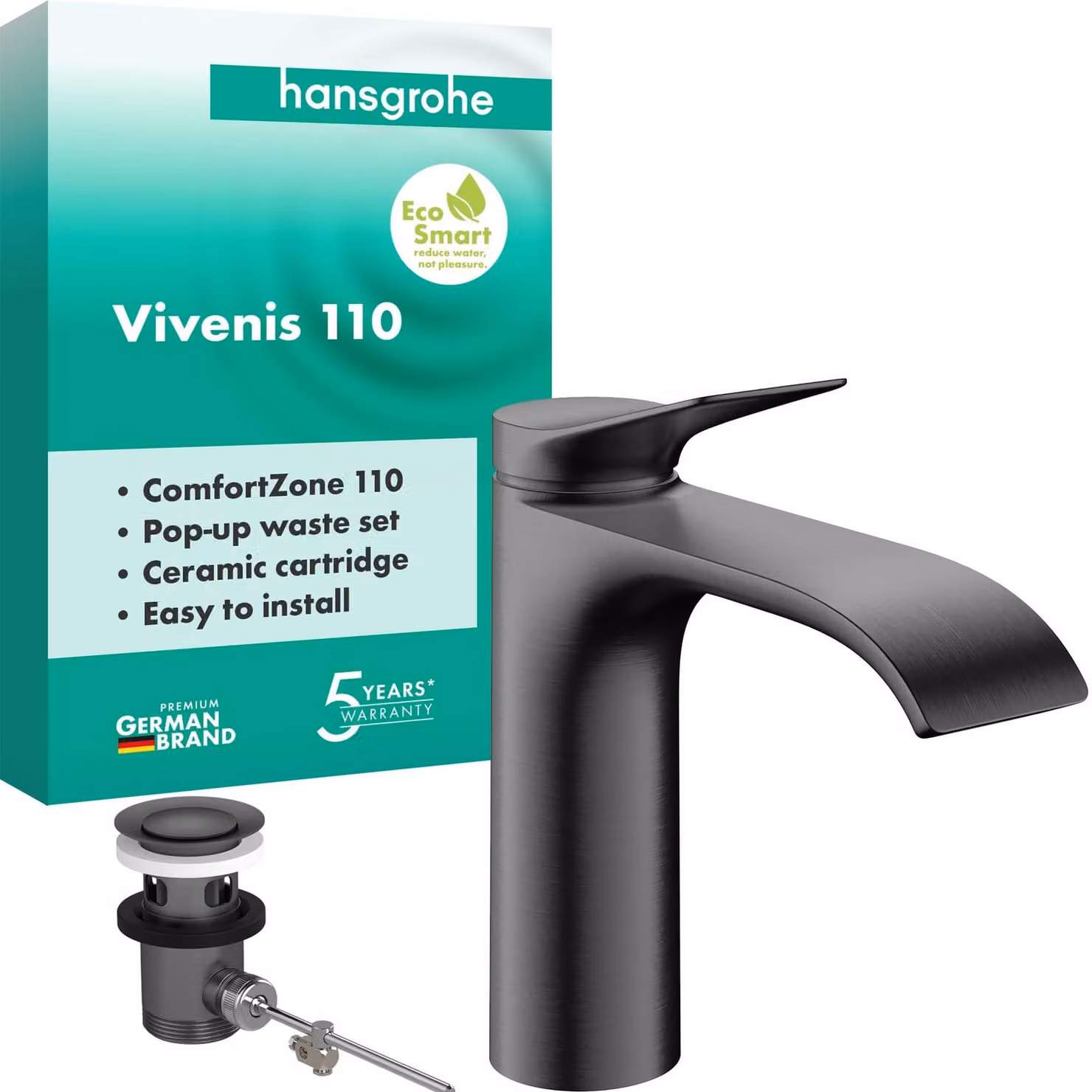 Miscelatore per lavabo, diametro 110 mm, finitura nero cromato spazzolato, tecnologia AirPower, portata 5 l/min