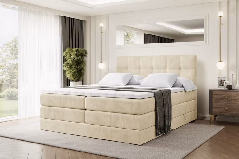 Letto boxspring ALTDECOR con 2 materassi e topper - 160x200 cm - MARCE KING - Velluto beige - Letto imbottito con materassi H3 e H4, contenitore e rete a doghe, letto con spazio contenitivo