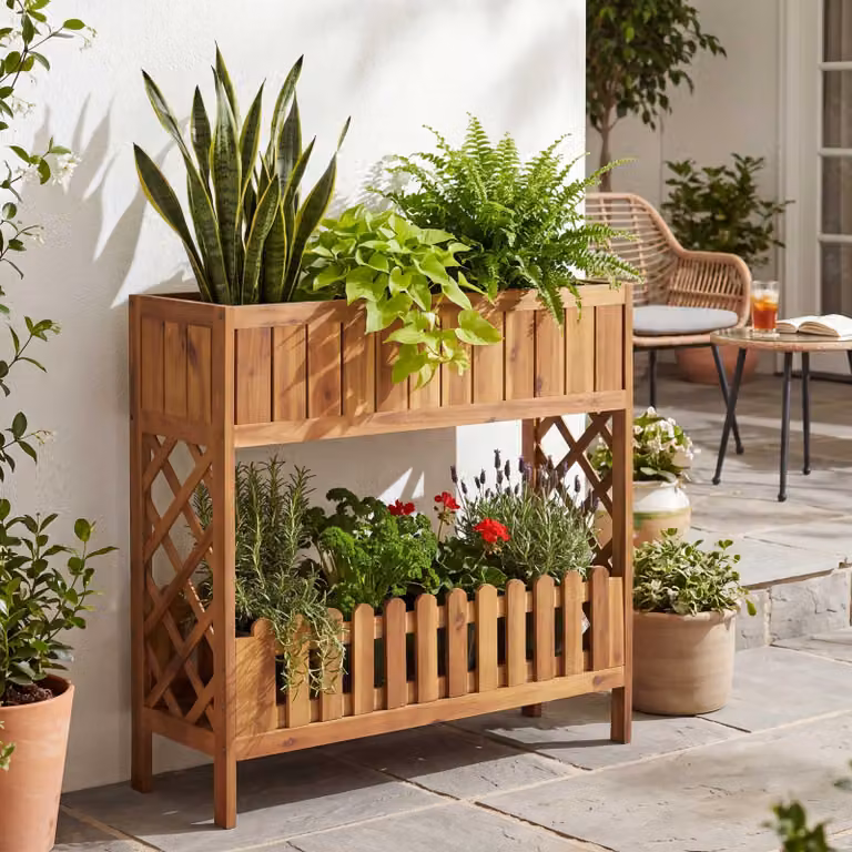 Aiuola rialzata HWC-P83, fioriera/vaso da fiori, scaffale per fiori, da esterno, in legno di acacia ®, 90x95x31 cm ~ marrone