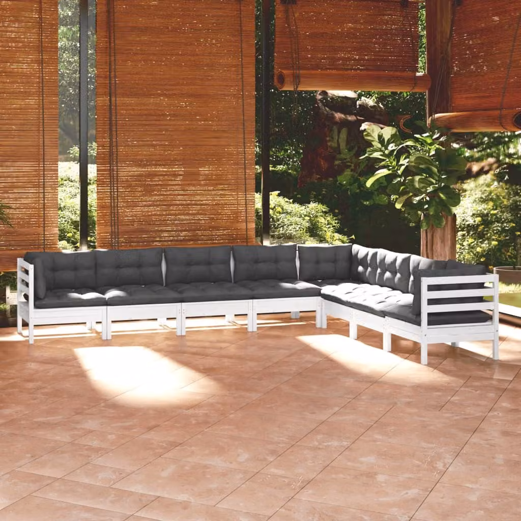 The Living Store Set salotto da giardino 8 pezzi con cuscini in legno di pino massiccio bianco