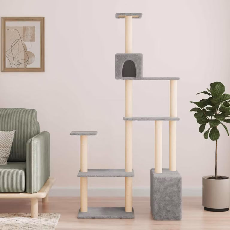 vidaXL Albero per gatti con grotte e pali in sisal Grigio Chiaro