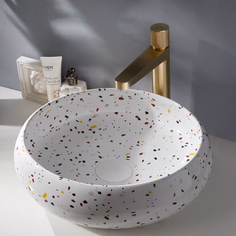 Lavabo da Appoggio Rotondo Effetto Terrazzo 360mm Senza Foro Rubinetto - Hudson Reed