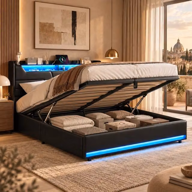 Letto imbottito 140x200 con Contenitore idraulico; Letto matrimoniale a LED con USB; Struttura letto baule con rete a doghe; PU Nero;Senza Materasso