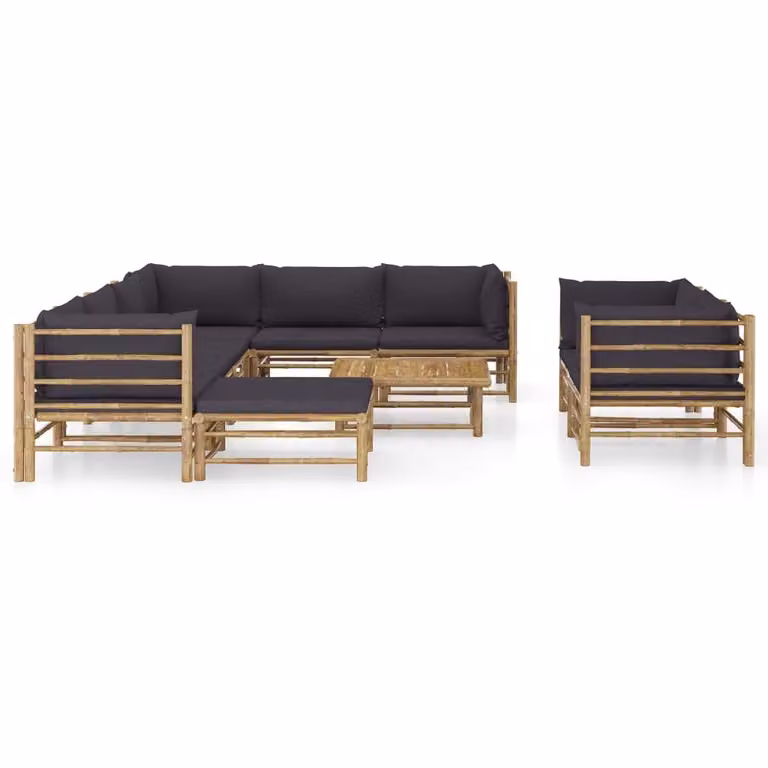 set da salotto da giardino da 10 pezzi con cuscini in bambù grigio scuro
