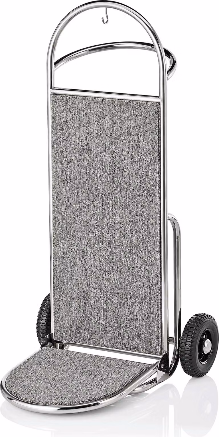 Carrello portabagagli, tubo in acciaio inox, rivestimento in moquette grigia