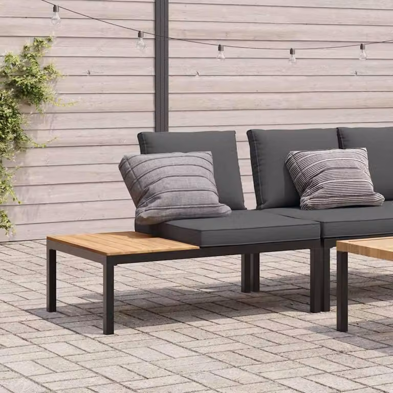 Panca da giardino in alluminio nero - con cuscino e tavolino laterale - 110x73x73 cm