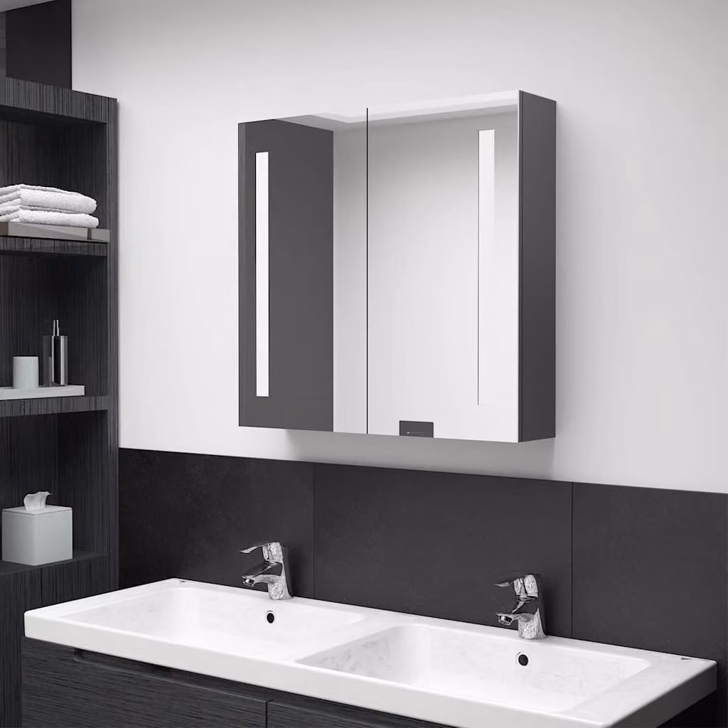 Armadietto da bagno con specchio e illuminazione LED vidaXL, Grigio, L: 62 cm, P: 14 cm, H: 60 cm – 1