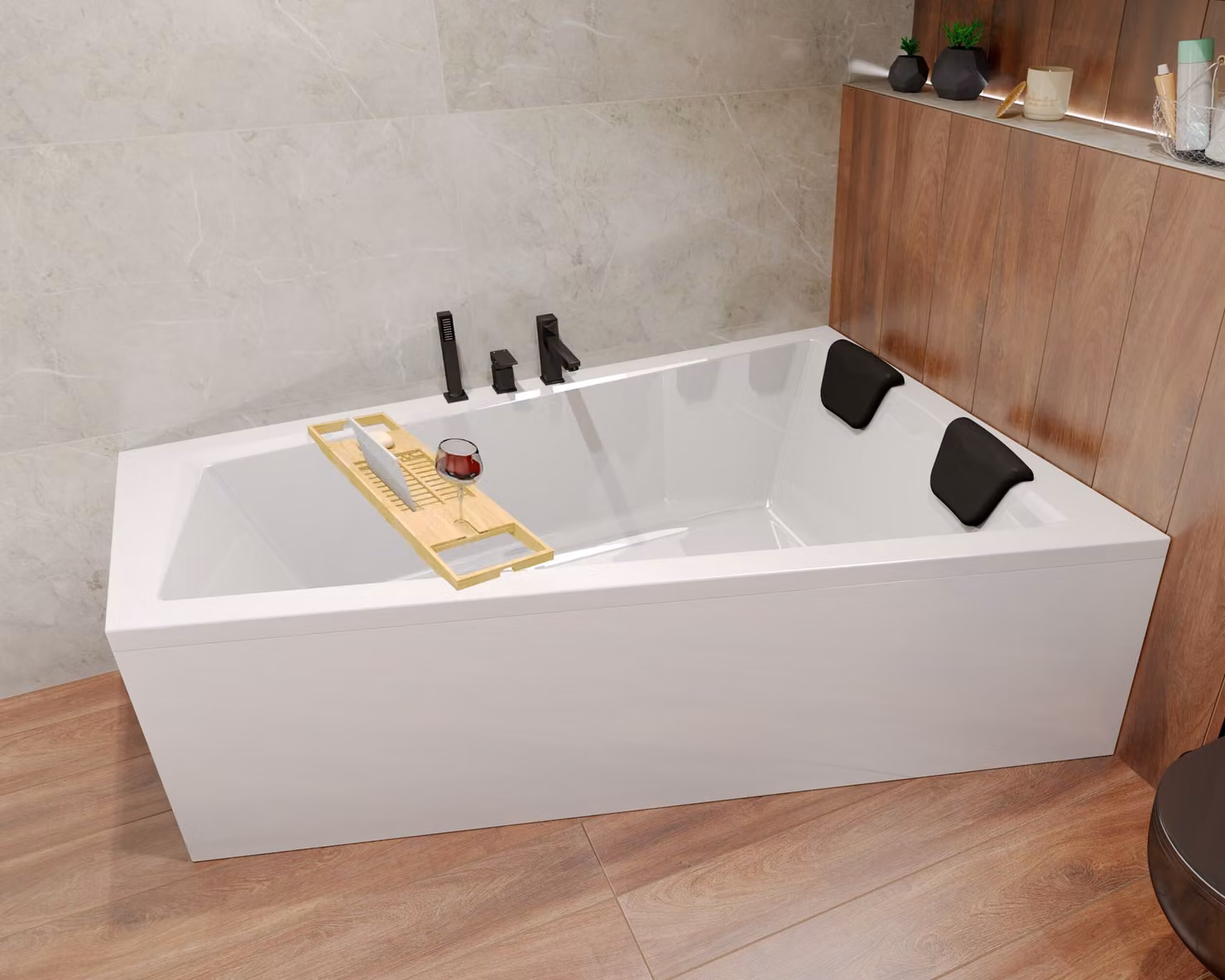 BADLAND vasca angolare rettangolare INTIMAS DESTRA 160x90 con set di scarico e piedini + 2 cuscini da bagno + mensola da bagno in bambù | BADLAND INTIMAS