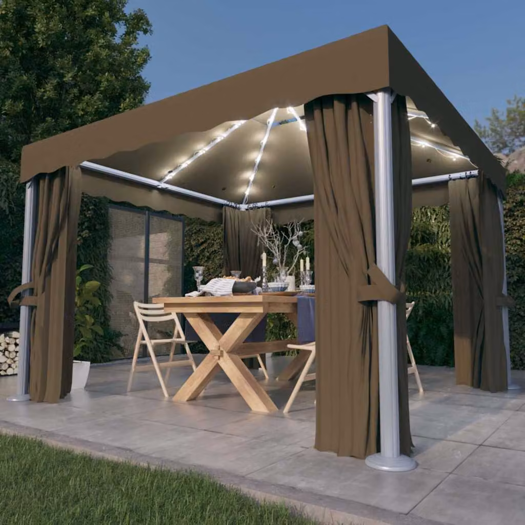 vidaXL Gazebo con Tende e Luci LED Grigio Talpa e Beige L: 300 cm x P: 300 cm