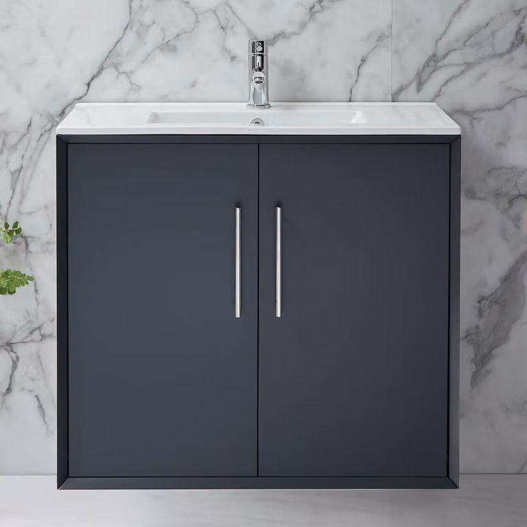 Mobile Bagno Sospeso Antracite 810mm con Lavabo e Maniglie Cromate con Barra a T - Edge