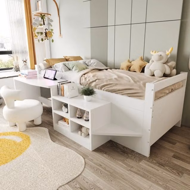 Letto multifunzione 90x200 cm con scrivania; vani contenitore e prese USB; bianco