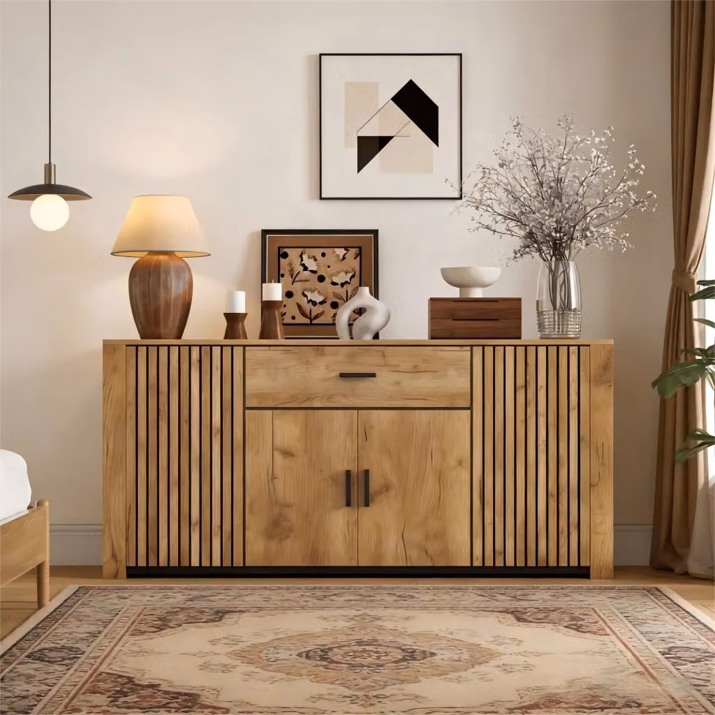 Credenza moderna in effetto legno marrone con 4 ante, 1 cassetto e ripiani regolabili L: 160 cm, P: 40 cm, H: 75 cm – 2