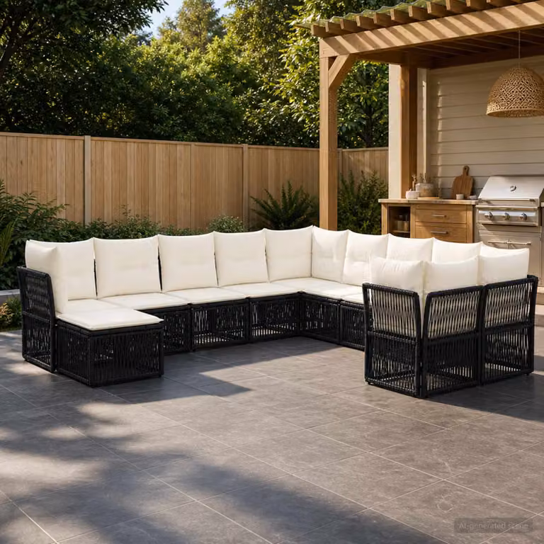 Set Divano da Giardino vidaXL 11 pz Nero con Cuscini e Struttura in Metallo e Polyrattan a Forma di U