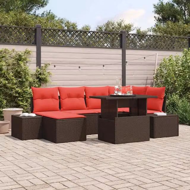 Set Divano da Giardino vidaXL 7 pz a Forma a U in Polyrattan Marrone e Rosso con Cuscini e Tavolino da Caffè