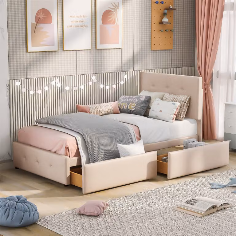 Fortuna Lai Letto imbottito 90 x 200 cm Letto singolo Culla Letto per ospiti Letto con griglia, schienale e due cassetti, beige scuro