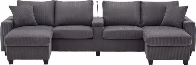 Divano a U in vellutino grigio con 2 pouf, lampada da lettura, ripiano pieghevole, porta bevande e porte USB/Type-C, braccioli con illuminazione LED
