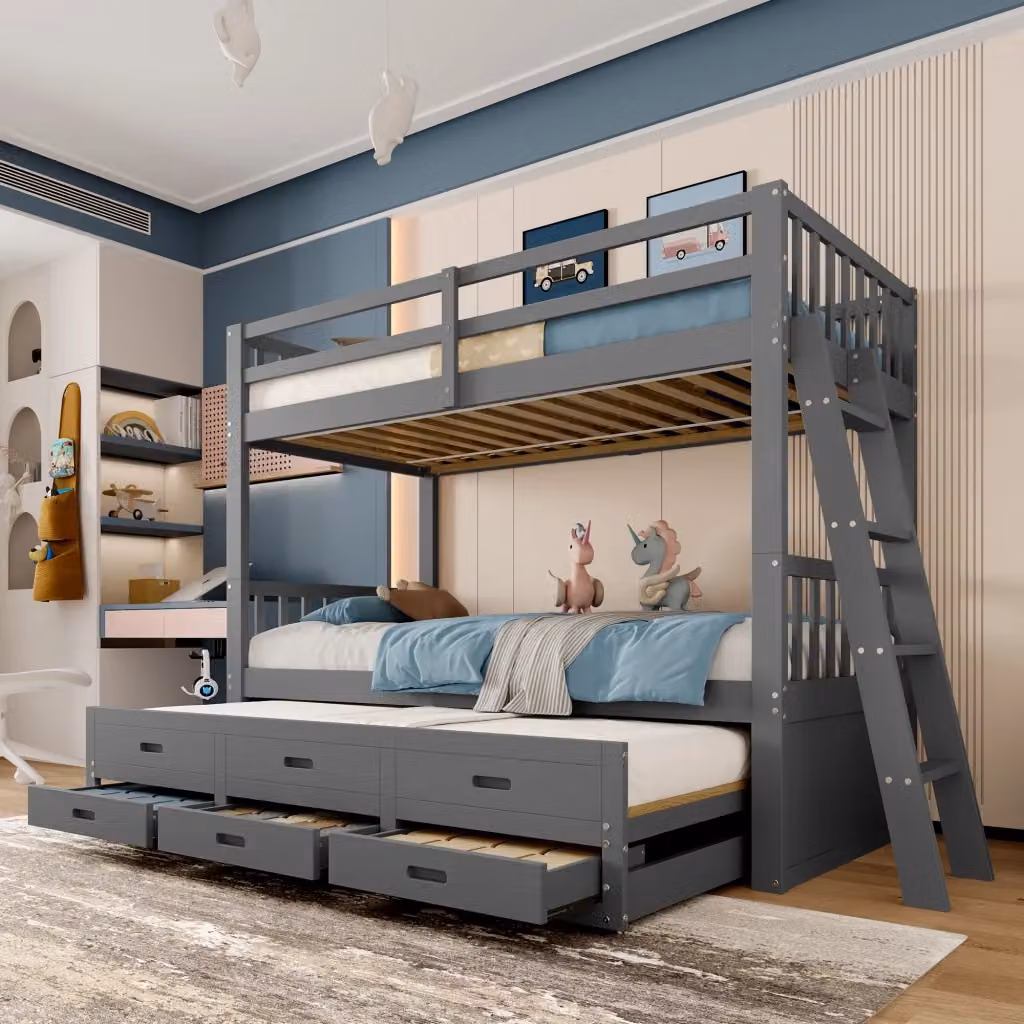 Letto a castello REDOM per bambini con letto estraibile e 3 cassetti, Grigio, L/P/H: 200 x 90 x 160 cm – 2