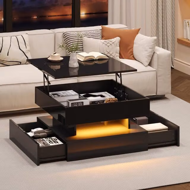Tavolino da salotto ULEVR 65x65 cm con piano sollevabile, 2 cassetti, vano nascosto e LED, nero