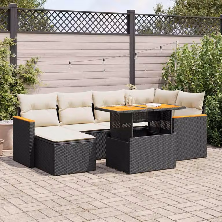 Set Divani da Giardino vidaXL a Forma di L in Polyrattan e Legno di Acacia con 7 Pezzi e Cuscini Neri e Bianchi
