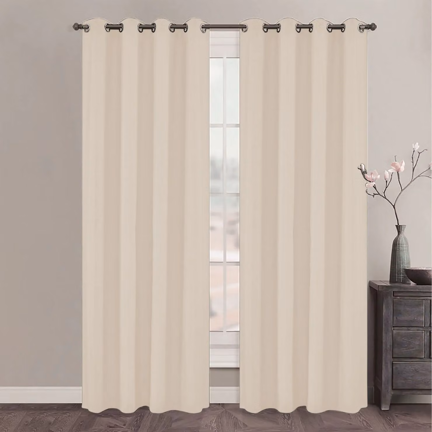 Tenda Seba Fratelli Zambetti color beige e bianco, semitrasparente con occhielli, L: 140 cm, H: 280 cm