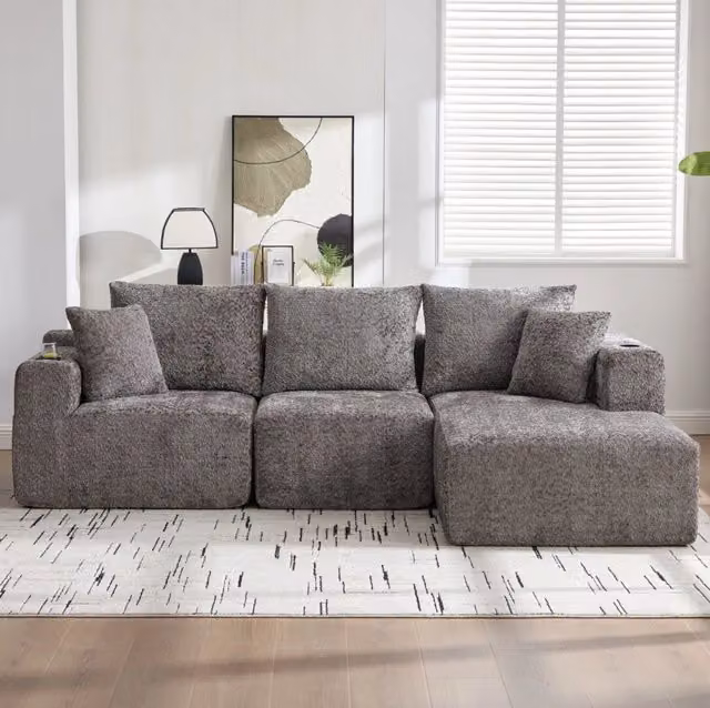 Divano angolare modulare 261x165 cm in ciniglia grigio scuro con portabevande HOMVRA