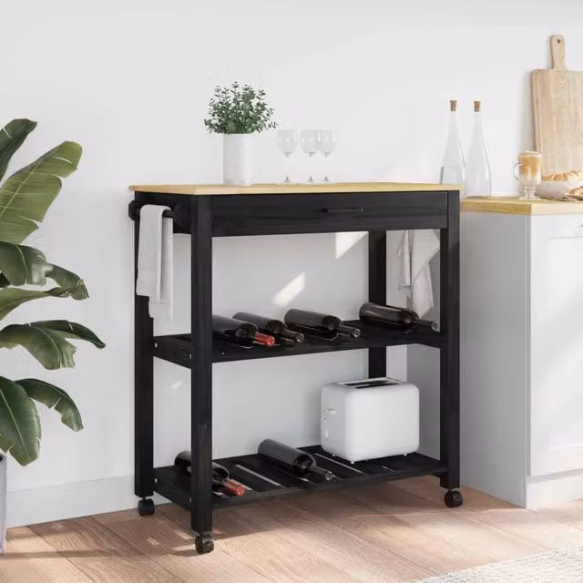 Carrello da cucina moderno vidaXL in metallo e legno nero L: 88.5 cm, P: 40 cm, H: 84 cm