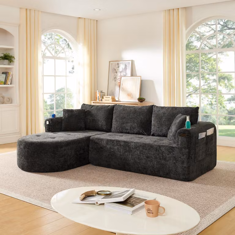 Divano ad angolo, modello "Cloud", senza necessità di montaggio, portabicchieri in acciaio inossidabile, rivestito in lino, con tasche laterali (colore beige)